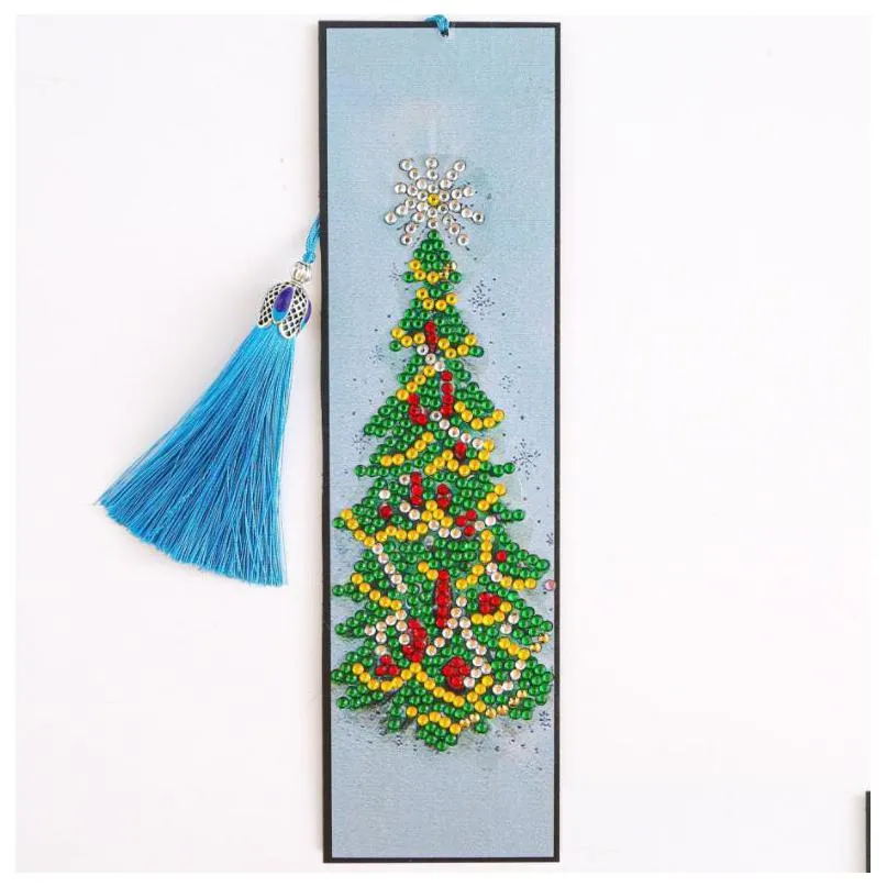 diamond painting diy bookmark party favor 5d crystal art crafts bookmarks with tassel tool rhinestone christmas pattern bell xmas tree snowman leather