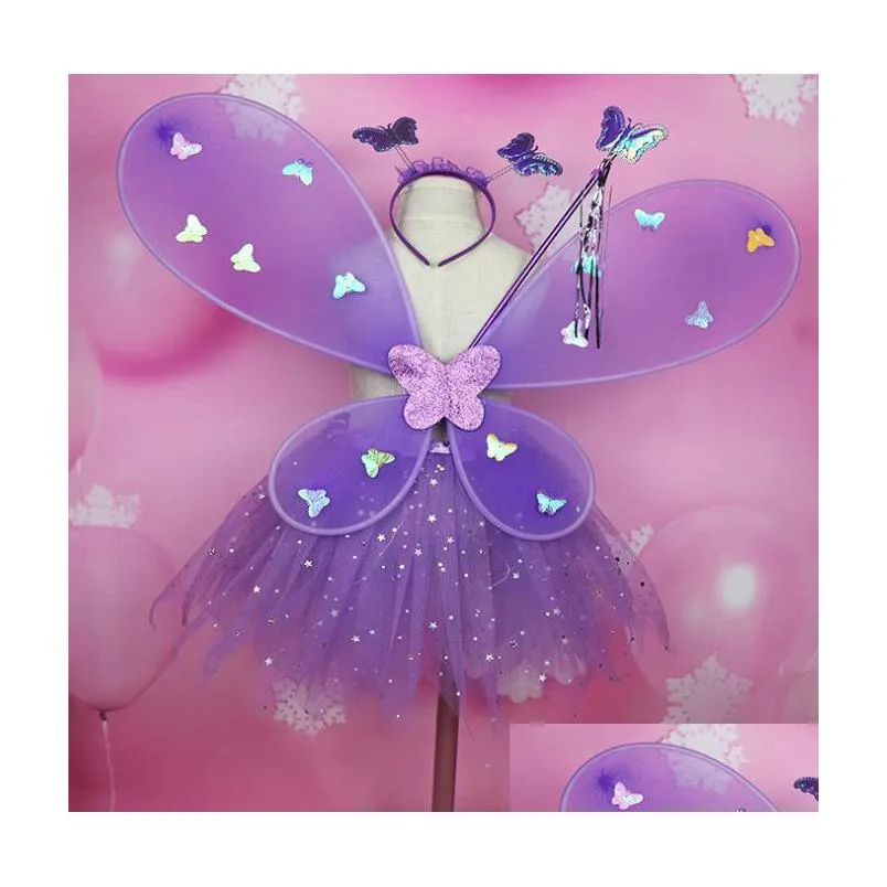 girl led butterfly wings set with glow tutu skirt fairy wand headband fairy princess light up party carnival costume gift 28t