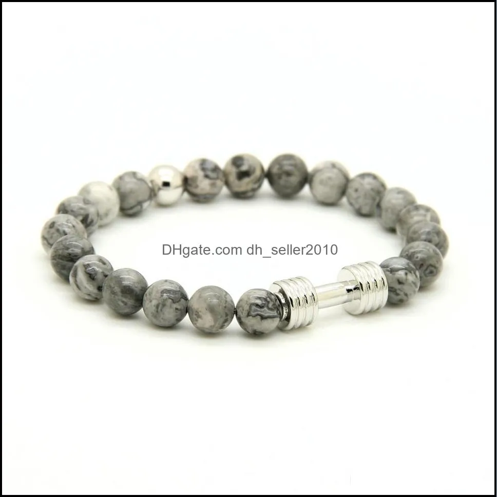 wholesale real gold platinum plated metal new barbell 8mm grey picture jasper stone fitness fashion dumbell bracelets