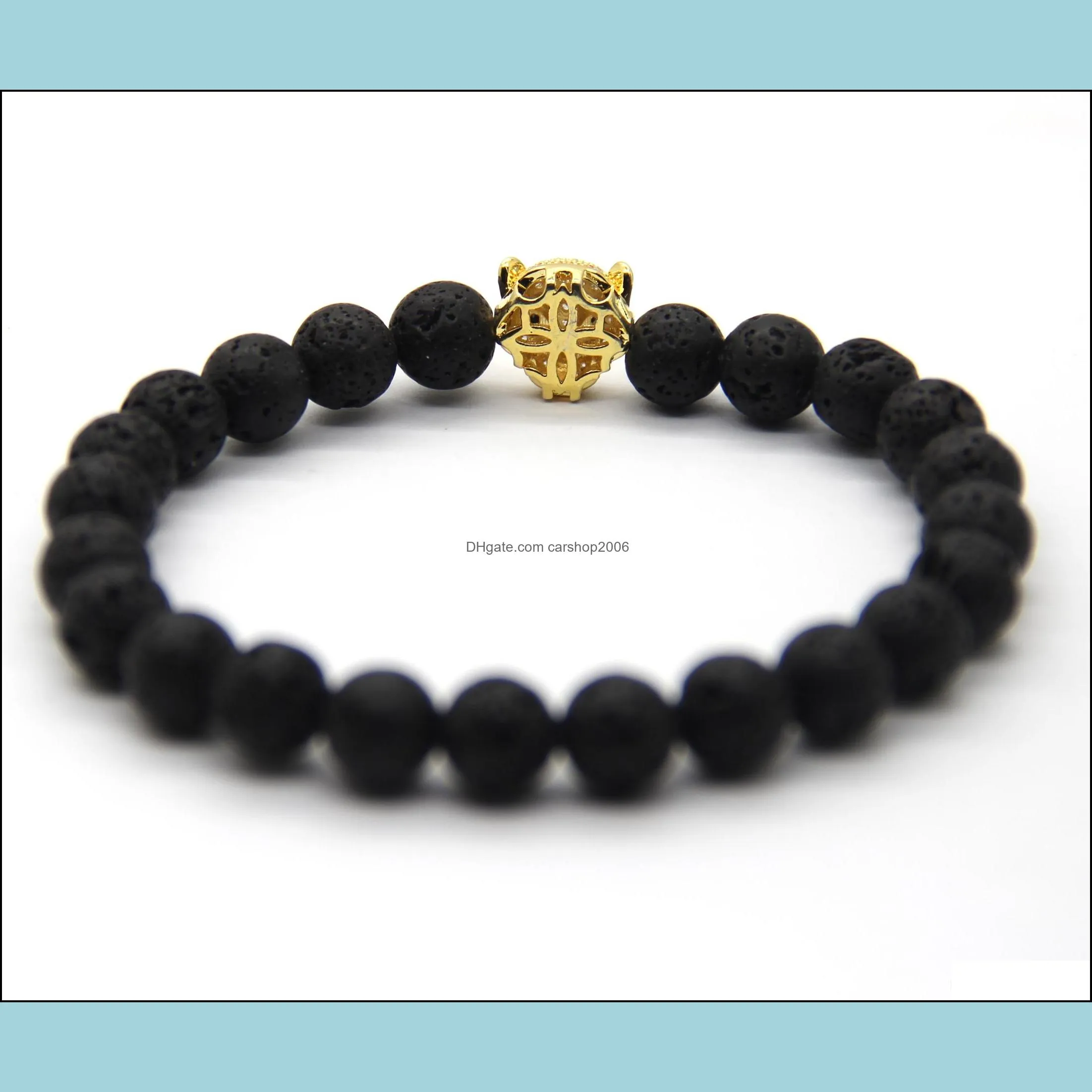 2016 high grade men jewelry wholesale 8mm black energy lava stone beads with micro pave cubic zirconia cz leopard bracelets
