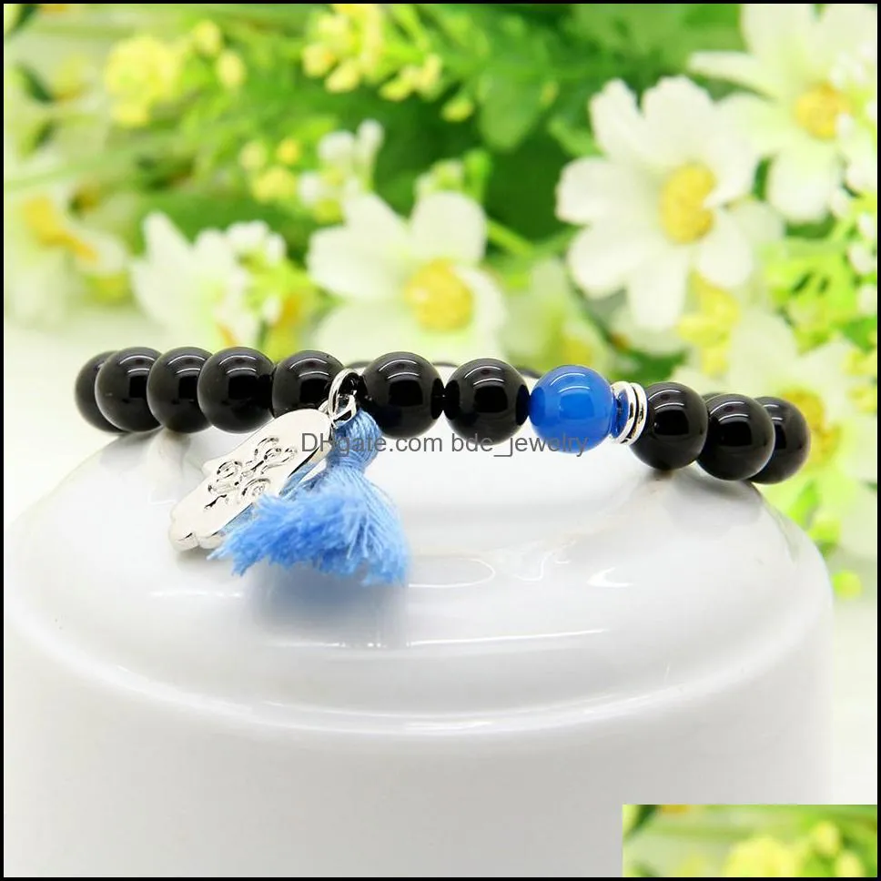  design wholesale 10pcs/lot 8mm black onyx stone besds blue and purple tassel hamsa fatima hand couple bracelet