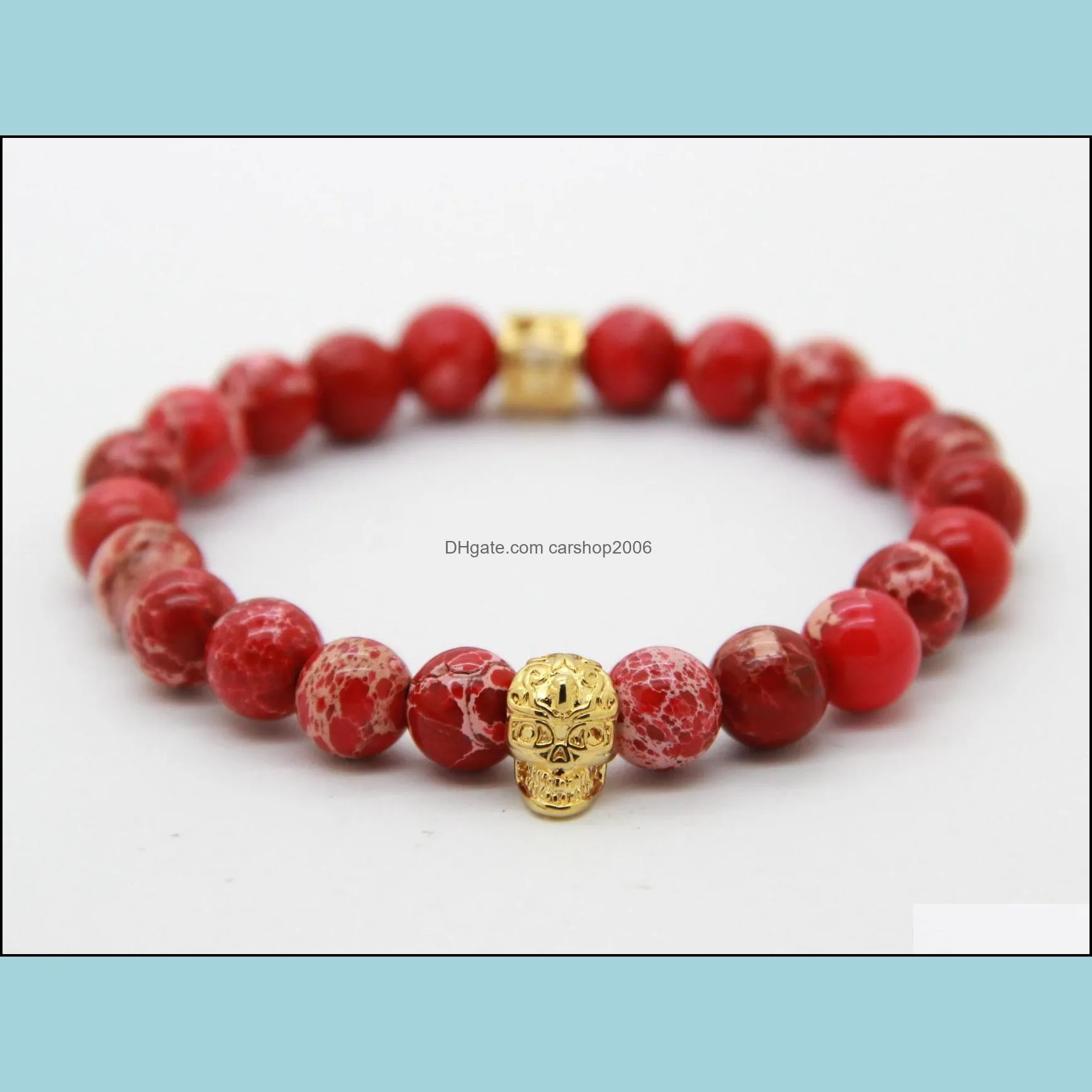 wholesale 8mm red sea sediment imperial stone beads real gold plated platinum skull bracelet exquisite party gifts