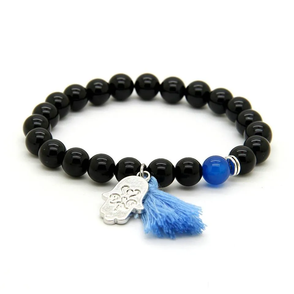  design wholesale 10pcs/lot 8mm black onyx stone besds blue and purple tassel hamsa fatima hand couple bracelet