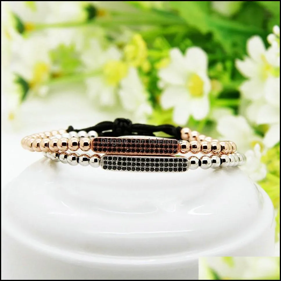 top quality men women jewelry 4mm copper beads black cz curved long tube bar braided macrame bracelets