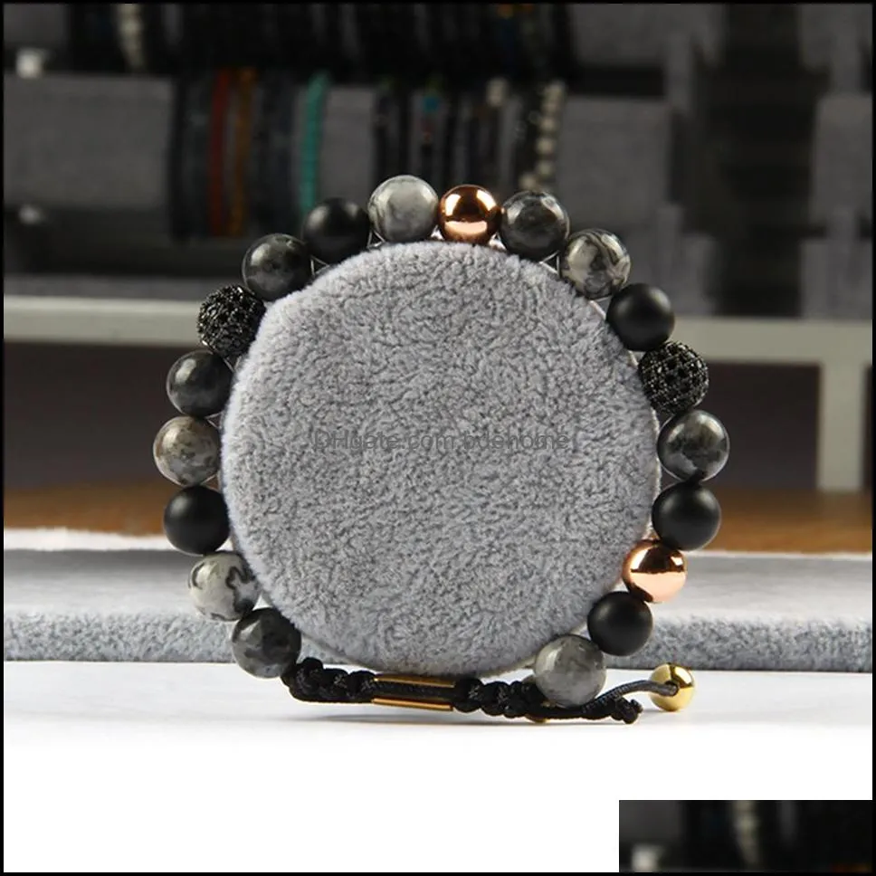 new mens jewelry wholesale 10pcs/lot micro pave black cz ball macrame bracelets with 8mm natural mix colors stone beads