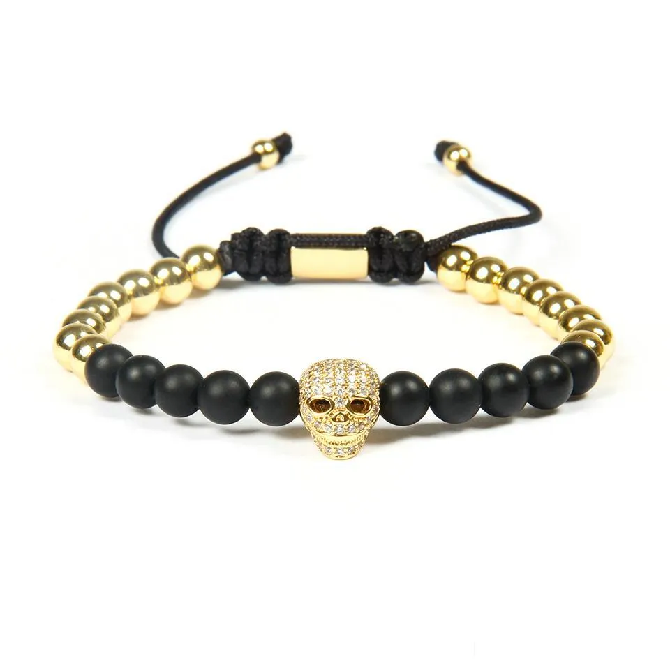  fashion jewelry wholesale 10pcs/lot 6mm matte stone brass beads clear cz eye male skull macrame bracelets mens bracelet