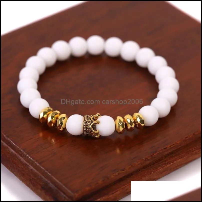 gold crown bracelet natural stone lava rock turquoise beaded strands bracelets wristband women men fashion jewelry white blue