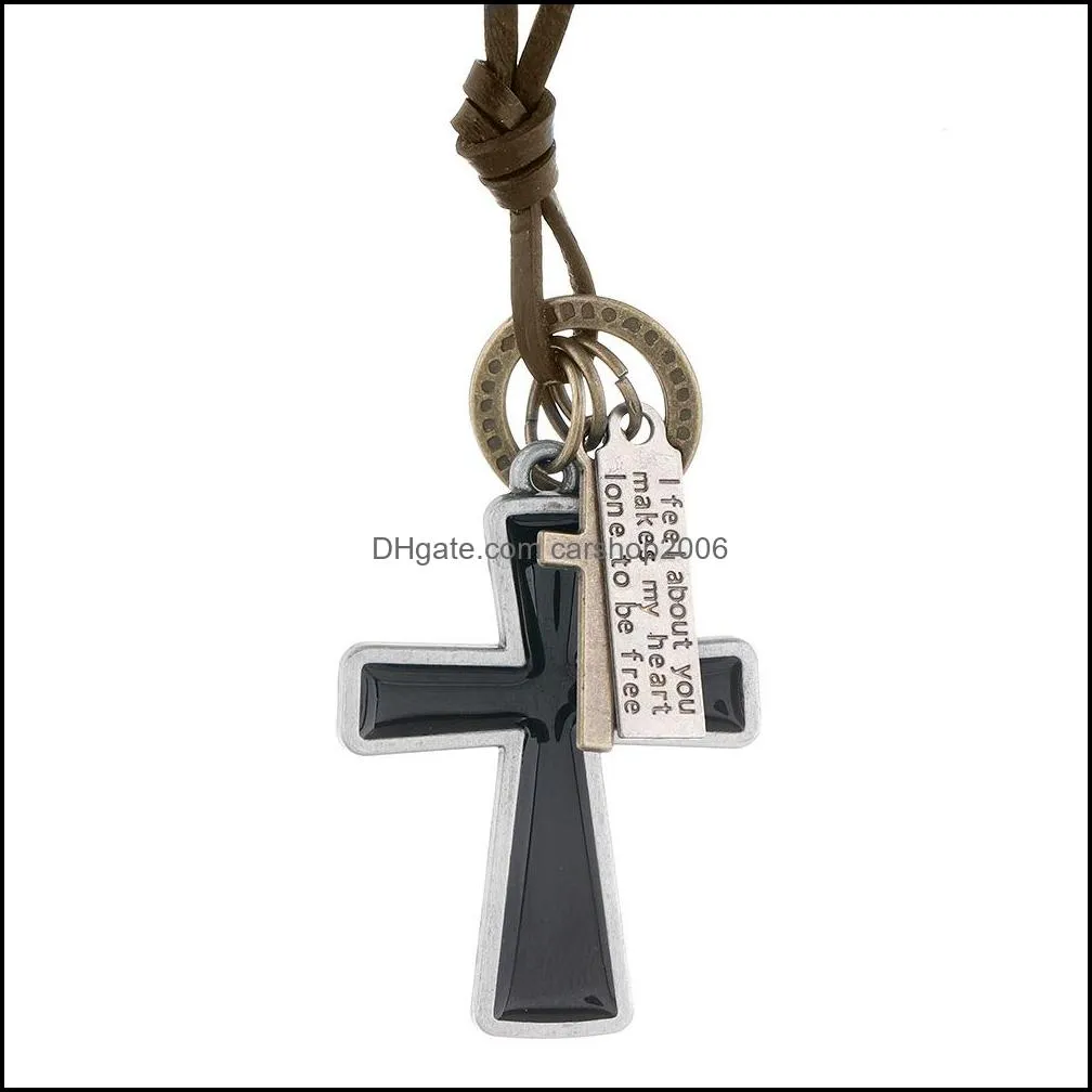 letter id enamel jesus cross necklace adjustable leather chain pendant necklaces for women men punk fashion jewelry gift