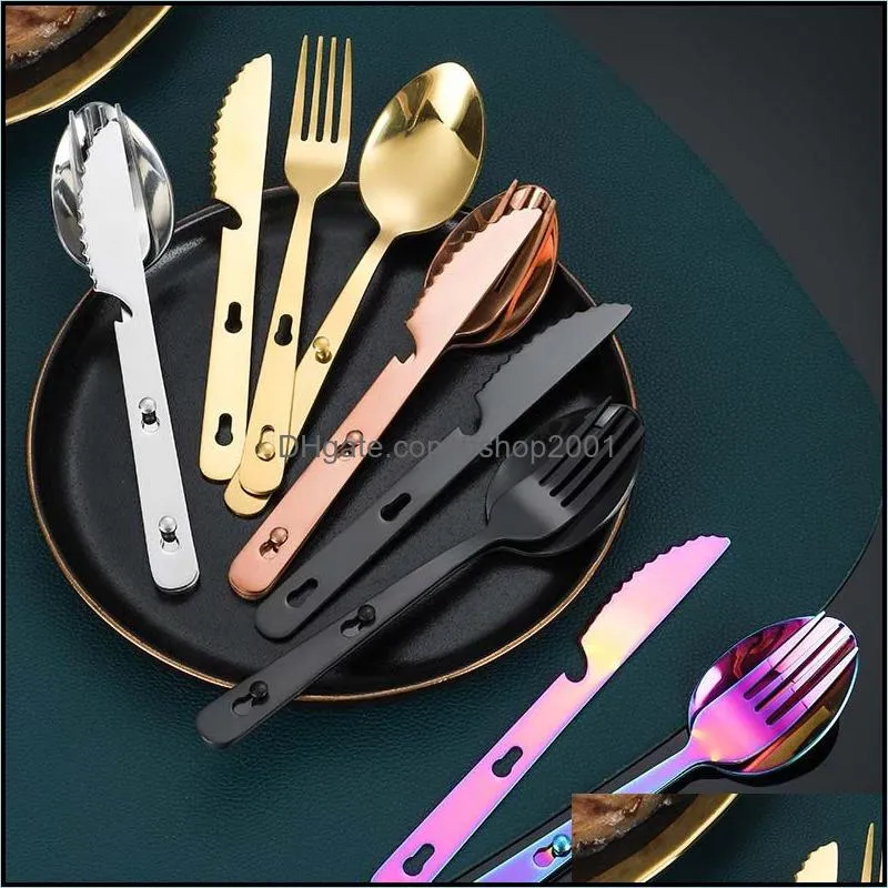 3pcs/set spoon fork knife cutlery set stainless steel multifunction lock catch outdoor sport camping flatware tableware hands tool