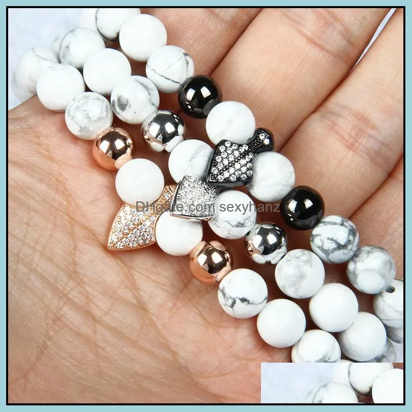women fashion jewelry micro paved anchor shied cz bracelet with 8mm natural white howlite marble stone beads bracelets for gift