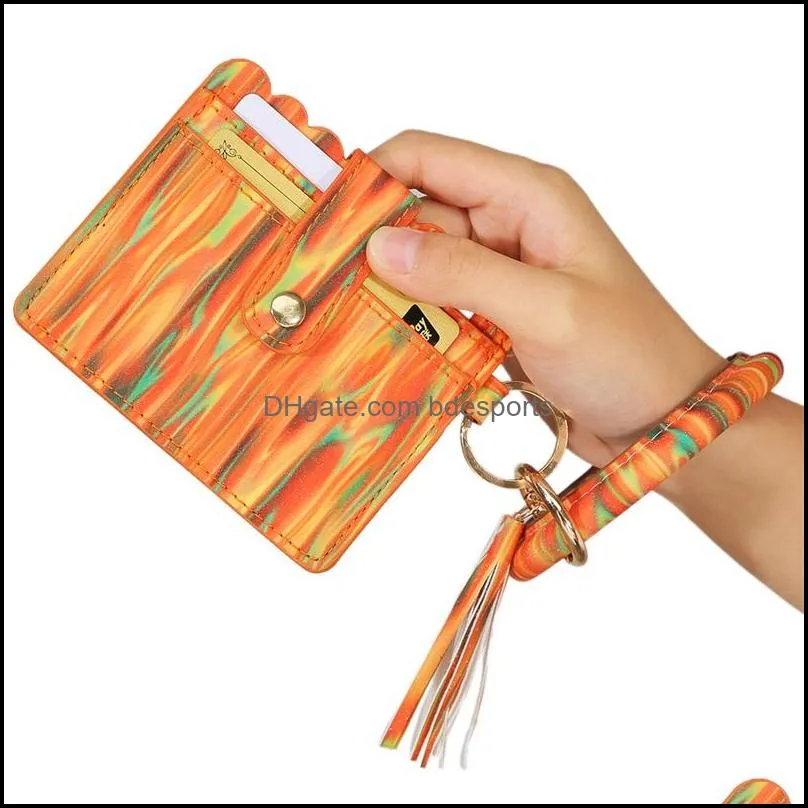 pu leather card bag keychains party bracelet keychain wallet with tassels string bangle key ring holder wristlet handbag