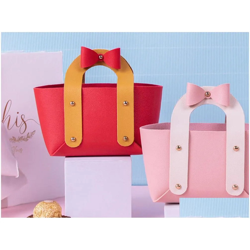 bowknot handbag with handle beautiful leather gift wrap bag decor wedding candy birthday party favor pink red