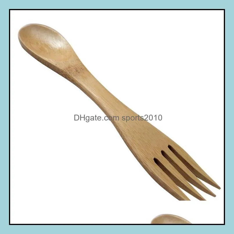 creative 2 in 1 wooden spoon fork bamboo household spoon fork cartoon wood tableware mixing spoons
