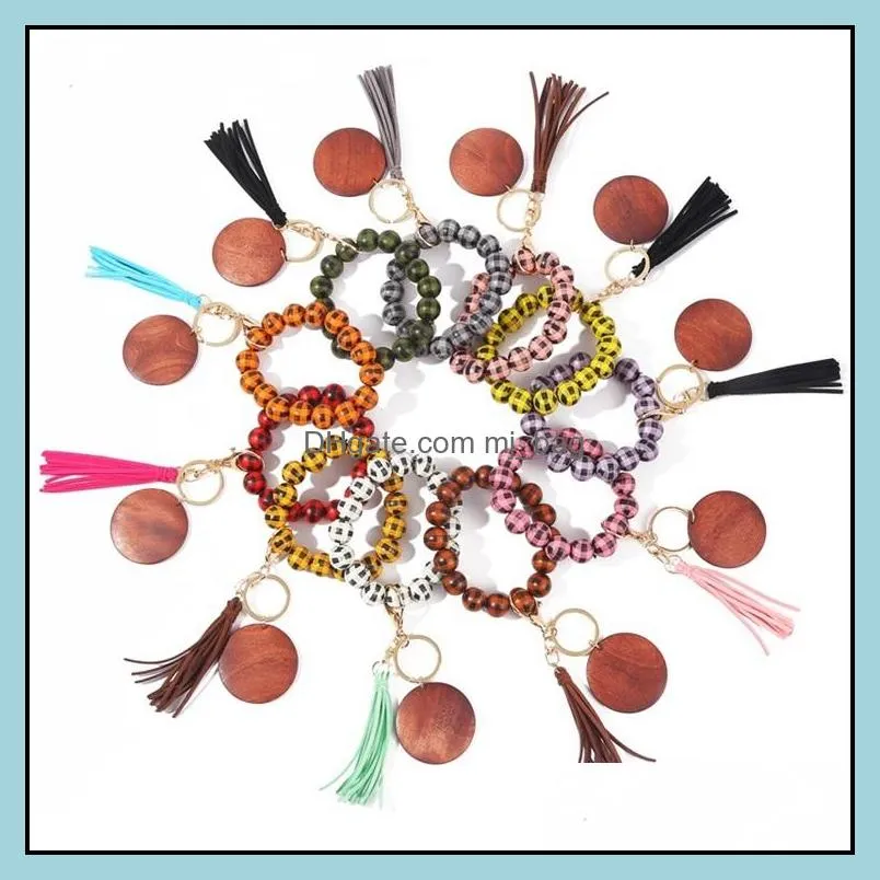 wood bead keychain with tassel printed beads bracelet party favor plaid wooden key ring board wrist keychains pendant