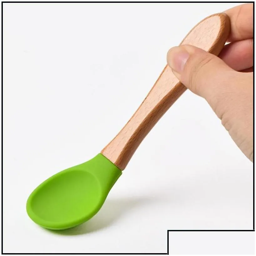 spoons children sile spoons wooden handle coffee scoops baby training spoon home kitchen tableware drop delivery 2022 garden dining
