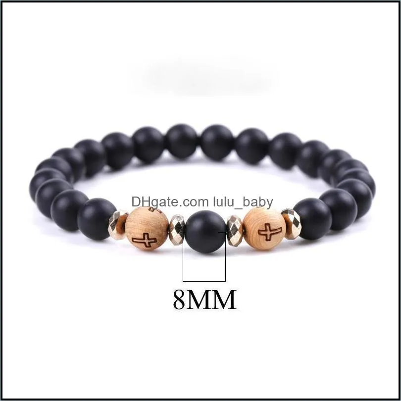 fashion cross wooden beads bracelet charm black agate bracelets bangle cuff for women men jewelry