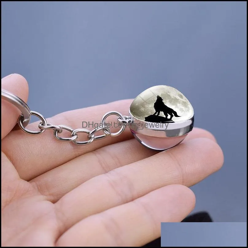 glass cabochon ball animal full moon wolf keychain glass ball double sided time gem key ring bag hanging fashion jewelry