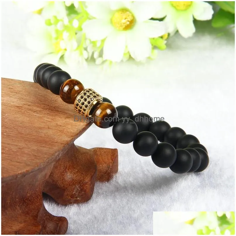  fashion jewelry wholesale 8mm matte agate stone beads with black cz cylinders beaded men bracelet bangle
