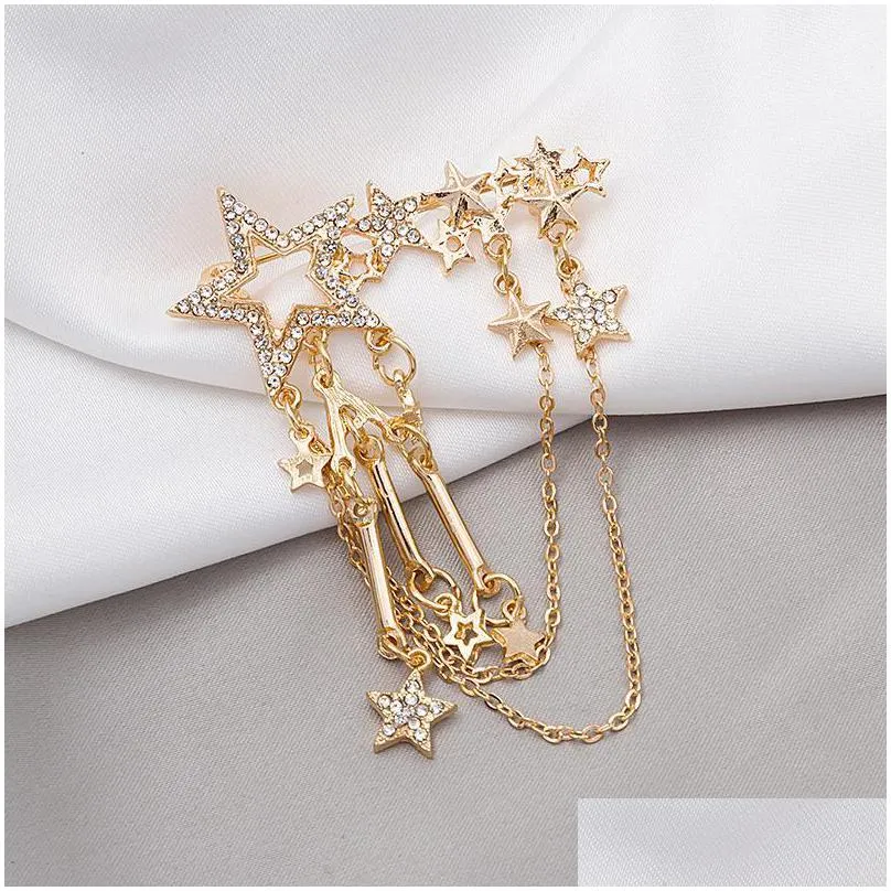 pins brooches metal star crystal brooch rhinestone tassel chain corsage shirt suit collar pins fashion jewelry for women and men