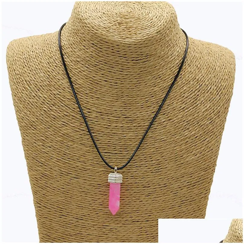 hexagonal chakra stone necklace crystal bullet shape gemstone resin pendant necklaces quartz pu leather chain necklace statement