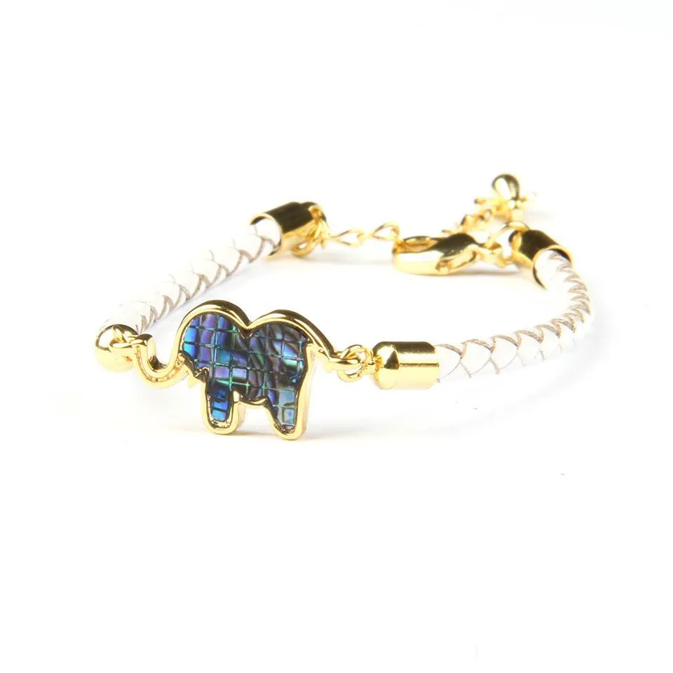 natural abalone shell cz elephant bracelet with genuine leather nice adjustable animal jewelry wholesale 10pcs/lot