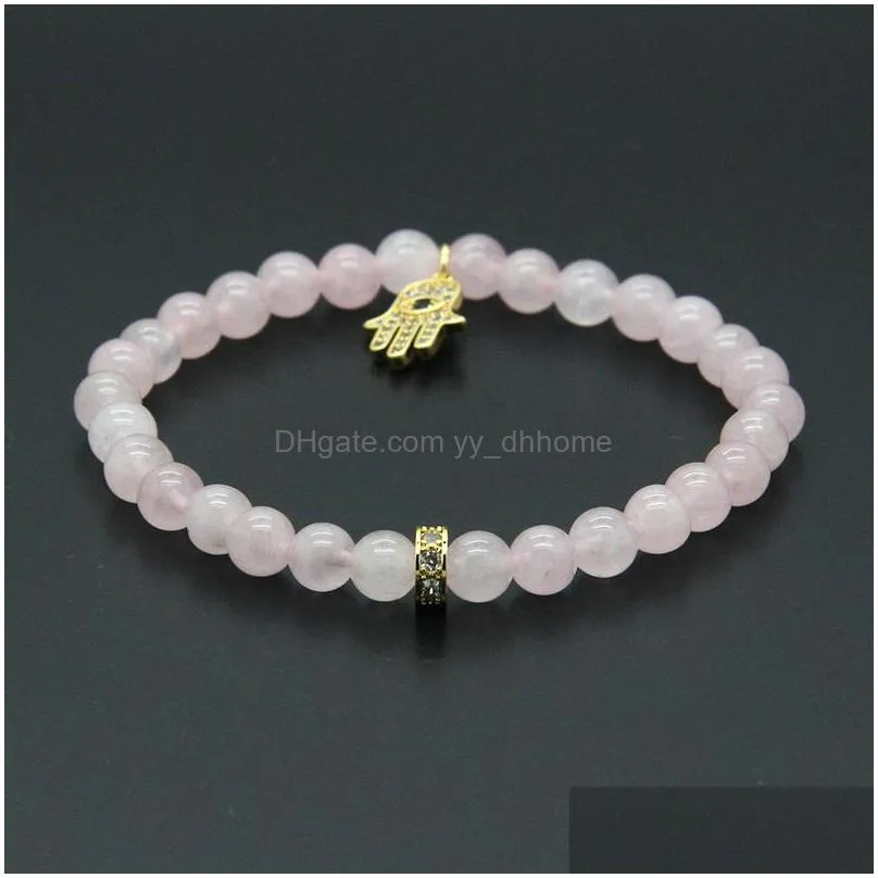 wholesale womens jewelry 10pcs/lot 6mm natural pink crystal stone with micro inlay zircons fatima hand hamsa pendant bracelets