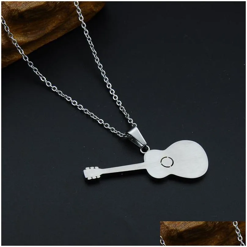 stainless steel guitar necklaces for men women music lover gifts black gold blue silver color pendant link chain necklace fashion hip hop rock jewelry