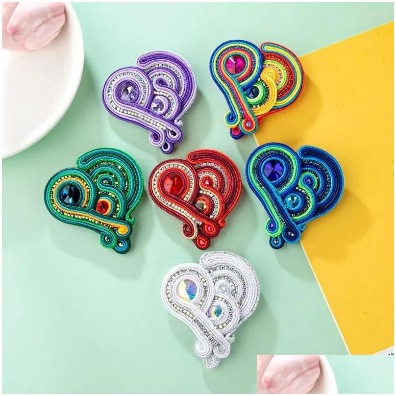 brooches soutache abstract heart brooch womens fashion jewelry crystal pins handmade beautiful weave red multicolor wholesale