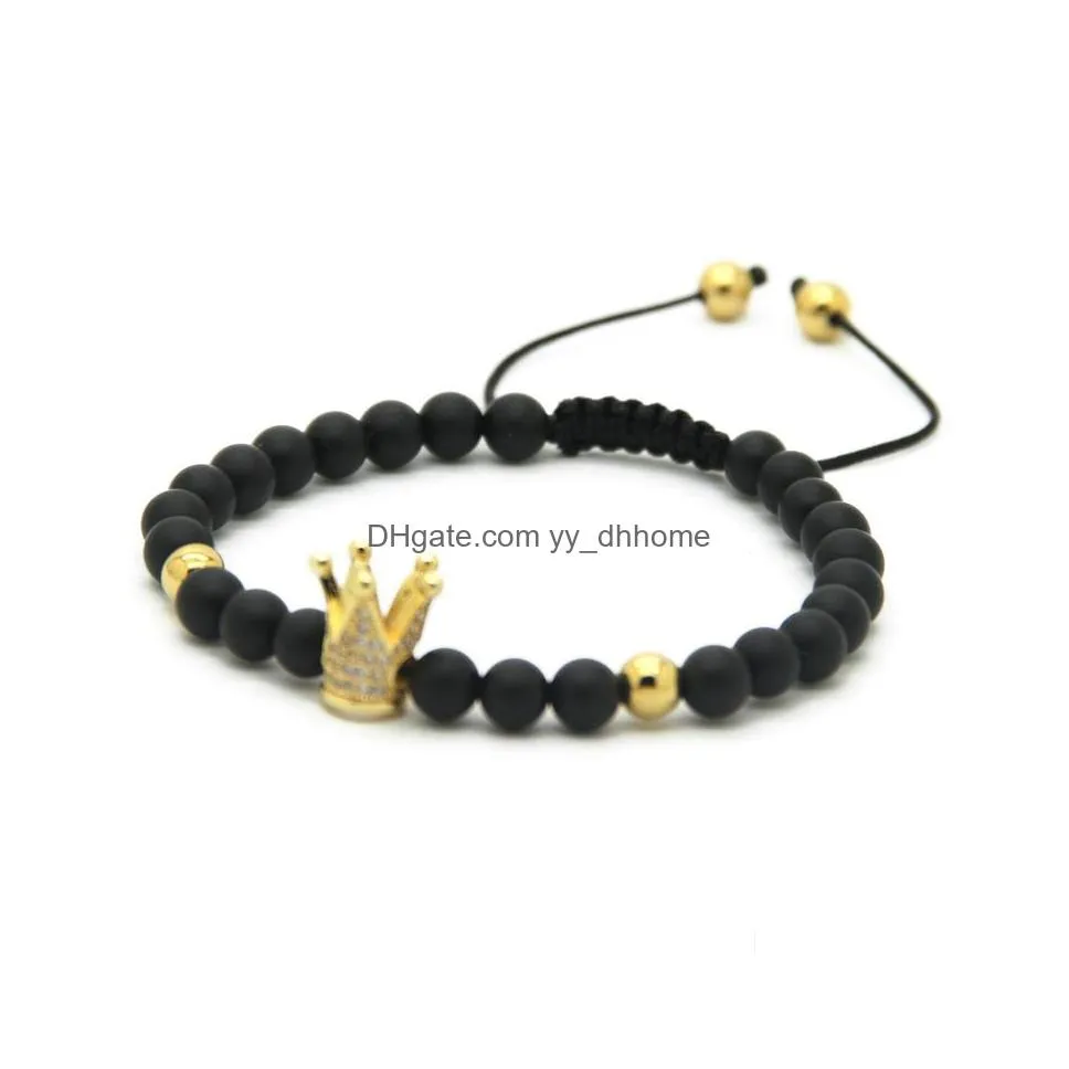 wholesale 10pcs/lot 6mm matte agate stone beads gold and platinum crown braided cz beads bracelet party gift