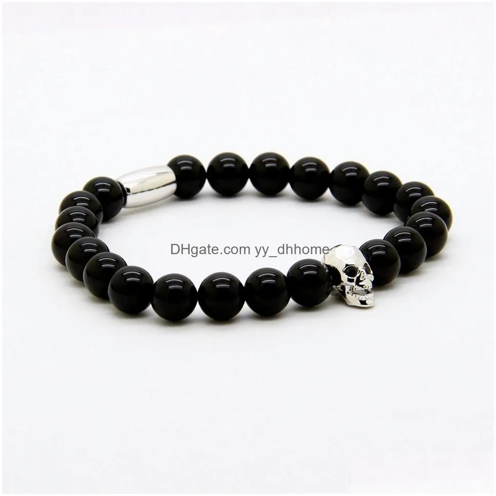 fashion jewelry wholesale micro pave black cz faceted mix colour skull with 8mm a grade black onyx stone beads tube mens bracelets