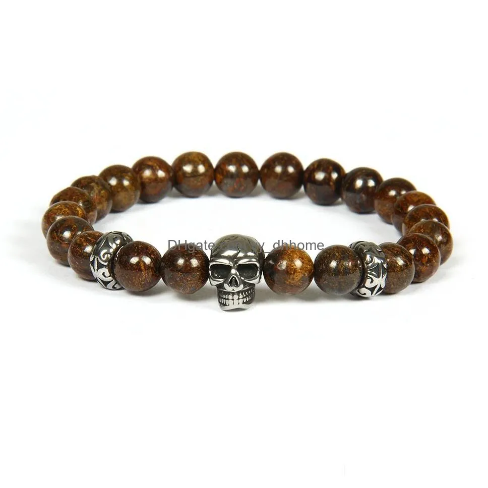  silver stainless steel skull bracelet wholesale 10pcs/lot color keeping beaded bracelets with 8mm natural stone beads