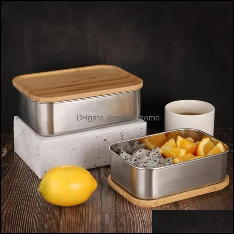 800ml food container lunch box with bamboo lid stainless steel rectangle bento box wooden top kitchen container natural easy for take
