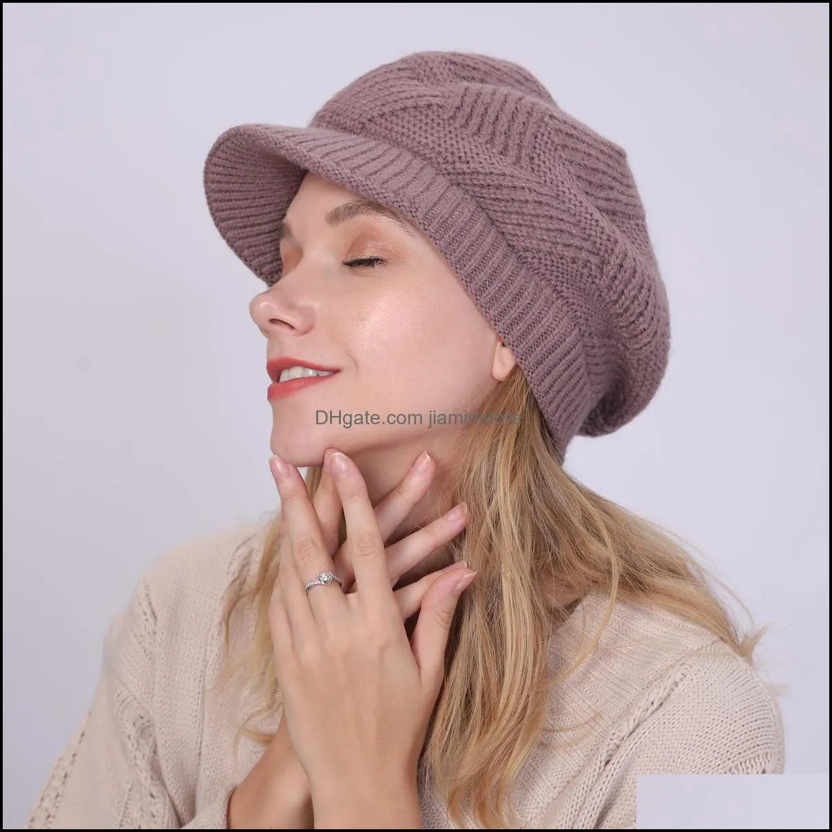 solid color fleece lined warm hat knit winter warm skull cap with brim for women fashion accessories gift