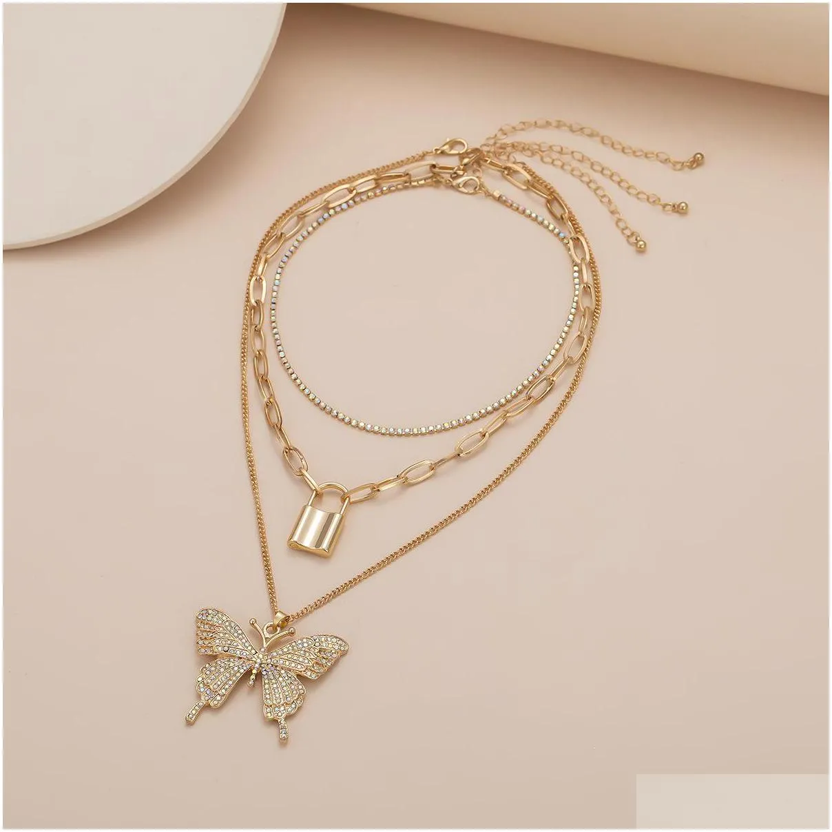 iced out chains butterfly necklaces luxury gold women link tennis chain bling crystal rhinestone animal lock pendant fashion hip hop