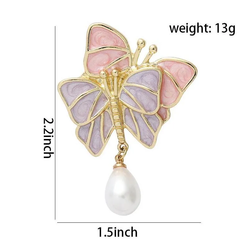 pins brooches pearl pendant purple butterfly for women pink cute insect lapel pin cartoon metal badges jewelry gift wholesale