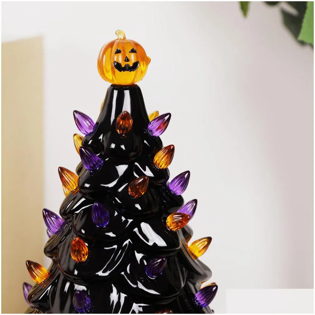 halloween christmas ceramic tree with orange and purple lightstabletop decor tree with pumpkin top and halloween tree collar 201006