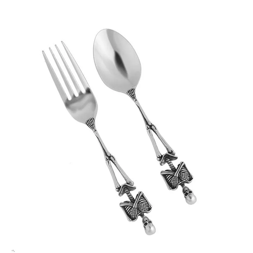 titanium steel skeleton skull fork spoon tableware vintage dinner table flatware cutlery set metal crafts halloween party gifts