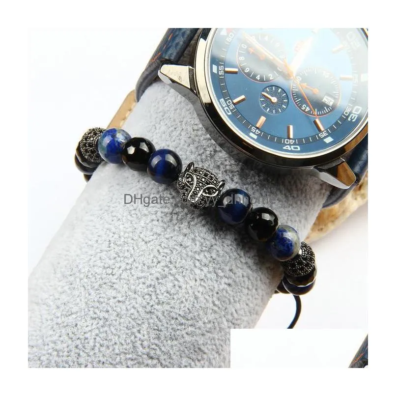 men panther cz bracelets wholesale 8mm natural stone beads with black cz leopard macrame stainless steel jewelry