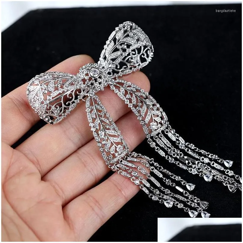brooches european and american trendy bow tassel shining cubic zirconia bowknot brooch suit jacket pearl pin women accessories