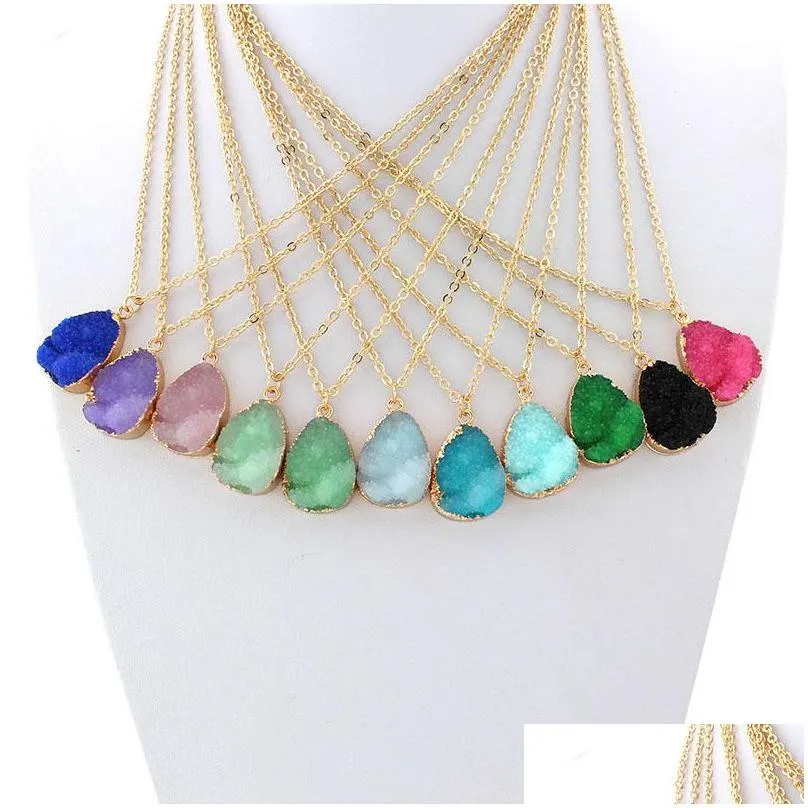 irregular resin stone druzy necklaces gold plated link chain geometry stones pendant necklace for elegant women girls fashion design jewelry gifts 8