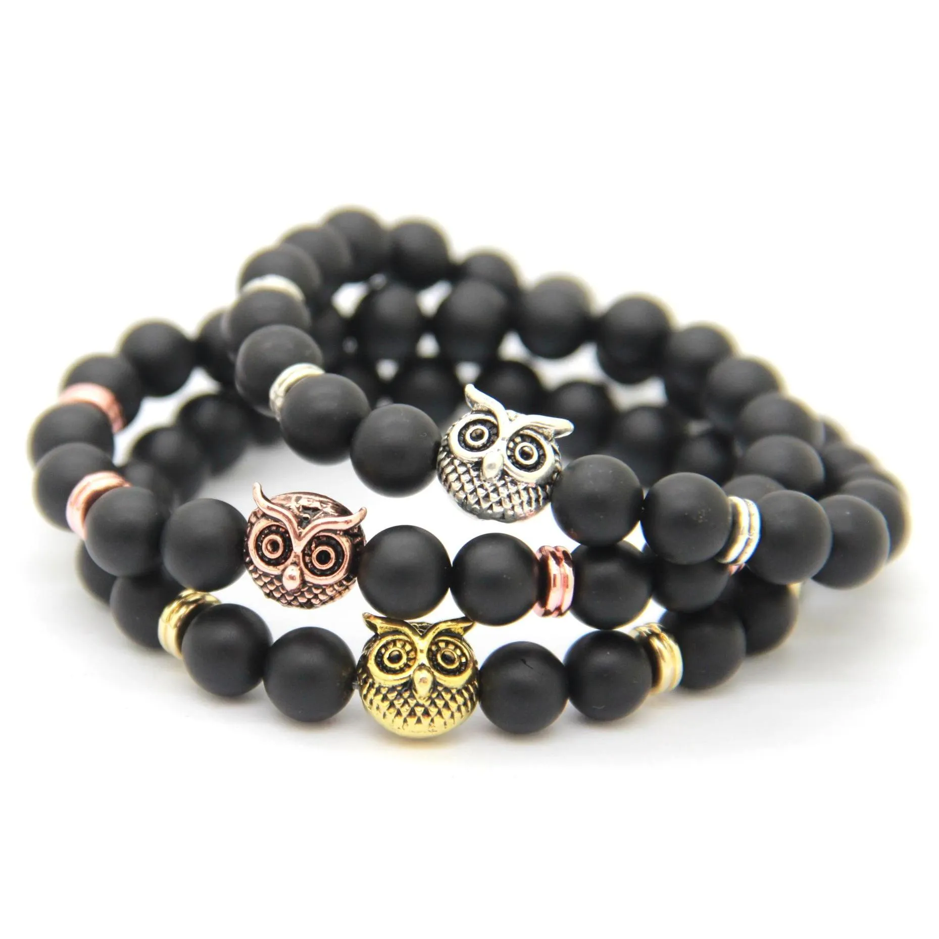 2016 design mens beaded bracelets wholesale 8mm natural matte agate alloy owl pendant bracelet babeads owl  bracelets party