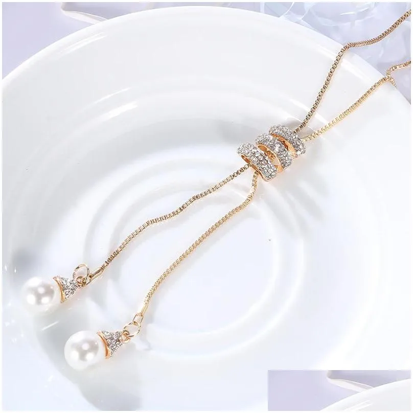 tassel pendant necklace rhinestone crystal pearl long chain necklace new fashion women metal long sweater party necklaces jewelry