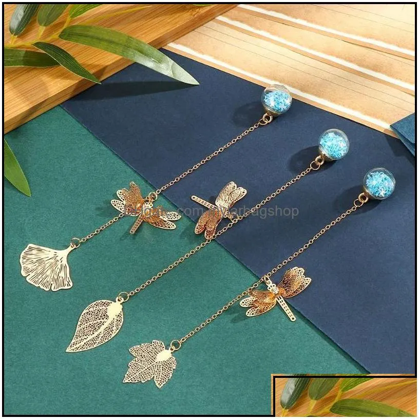 bookmark desk accessories office school supplies business industrial creative dragonfly brass hollow leaf cute metal crystal ball book