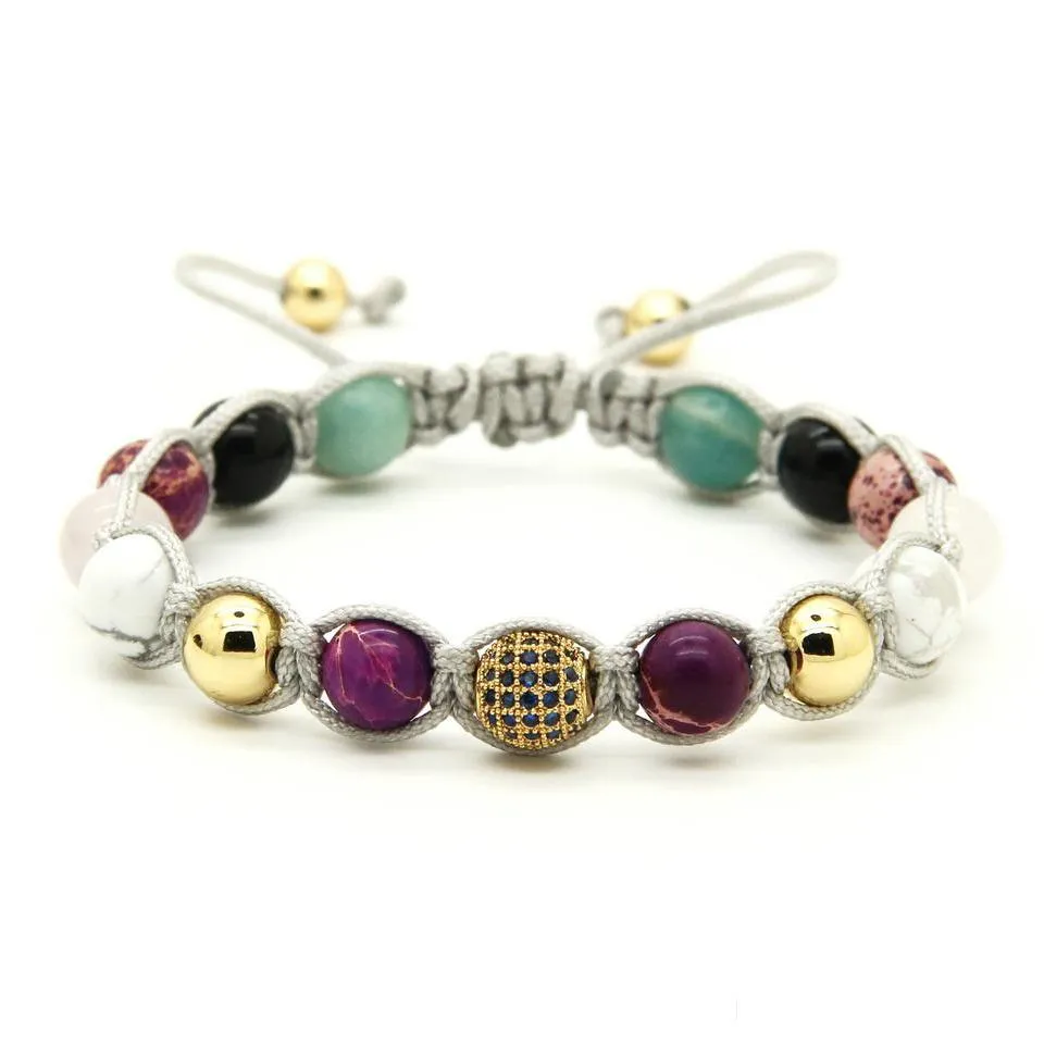 wholesale 10pcs/lot natural stone beads with 9mm blue micro paved blue cz beads braiding macrame bracelet women girl gift