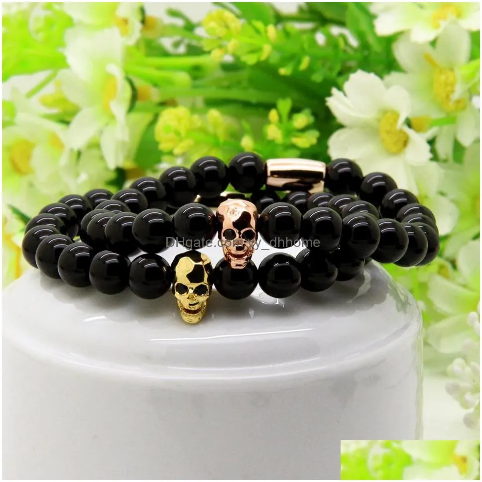 fashion jewelry wholesale micro pave black cz faceted mix colour skull with 8mm a grade black onyx stone beads tube mens bracelets