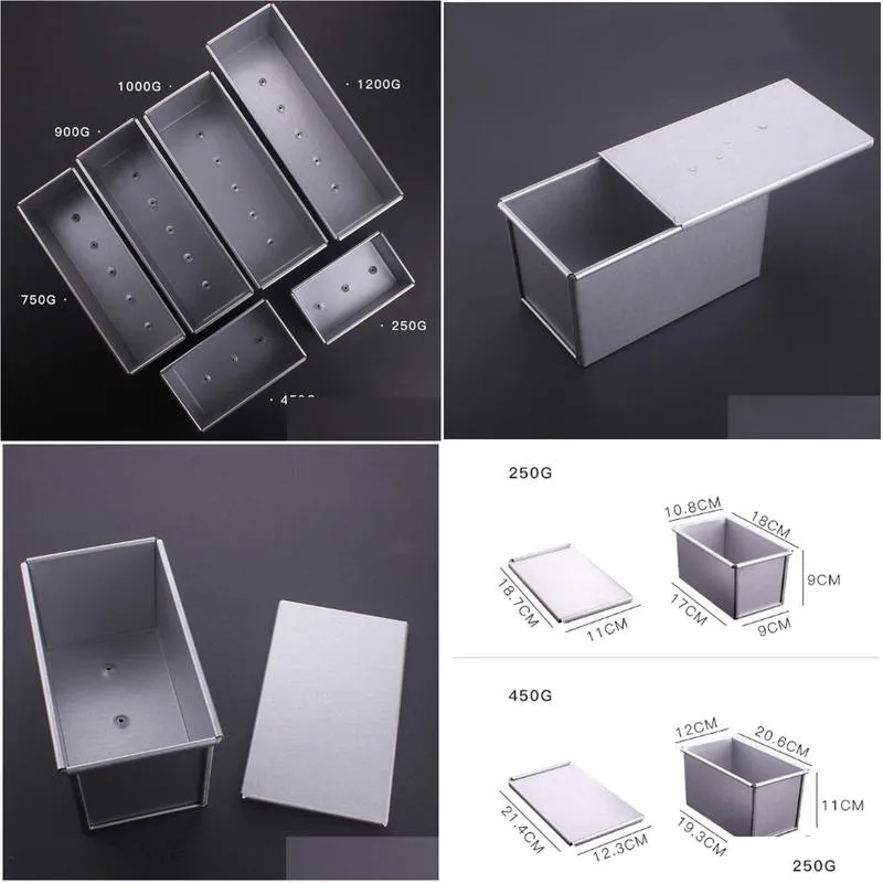 250g/450g/750g/900/1000/1200g aluminum alloy toast boxes bread loaf pan cake mold baking tool with lid t200111