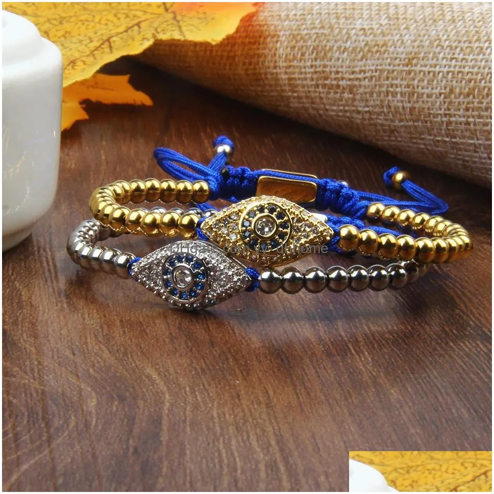  arrival religion jewelry 4mm stainless steel beads with micro pave black and blue cz lucky eye macrame bracelet for gift