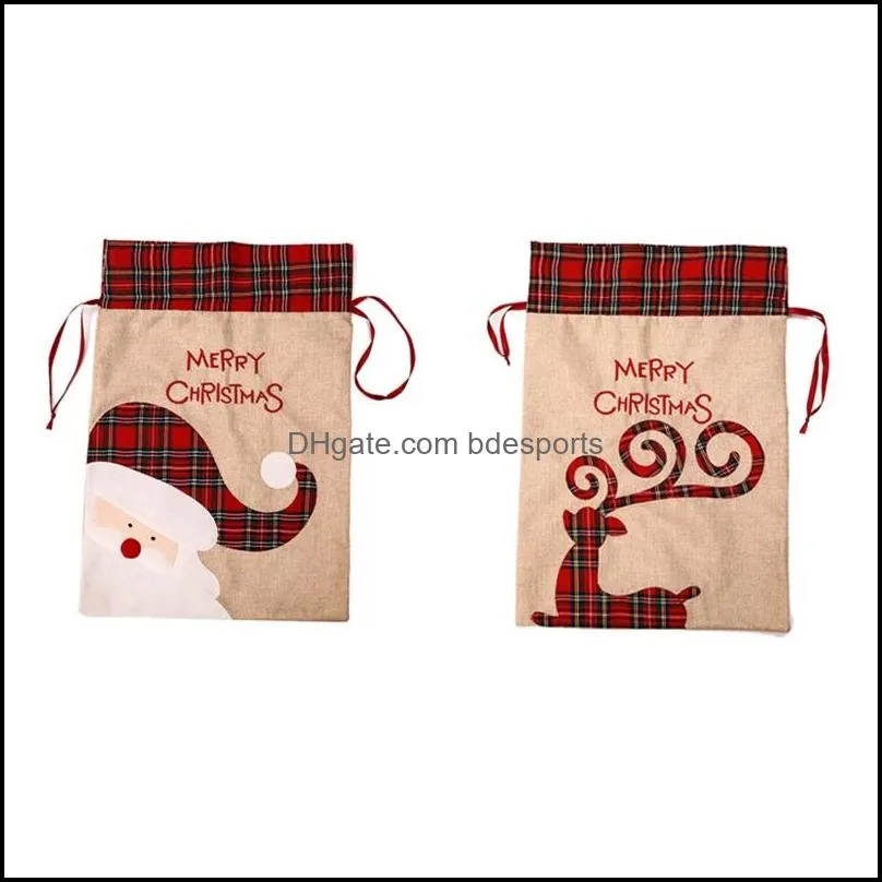 linen santa sack christmas gift bag red plaid drawstring tote bags festival decoration 4807 q2