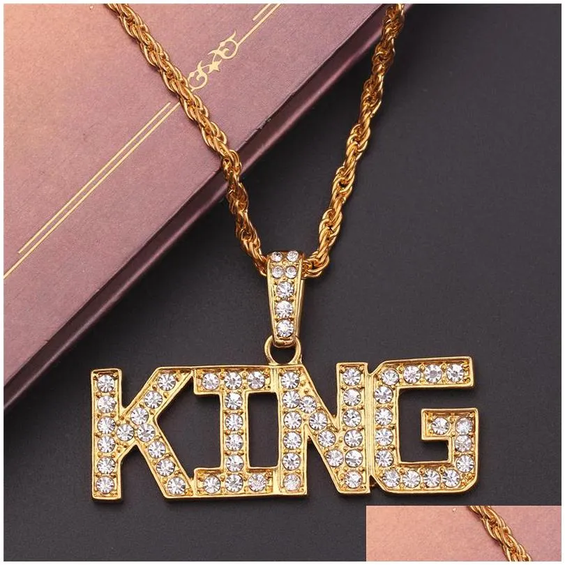 diamond cross pendant necklaces for men women crystal rhinestone king queen letter charms fashion gold hip hop jewelry long chain