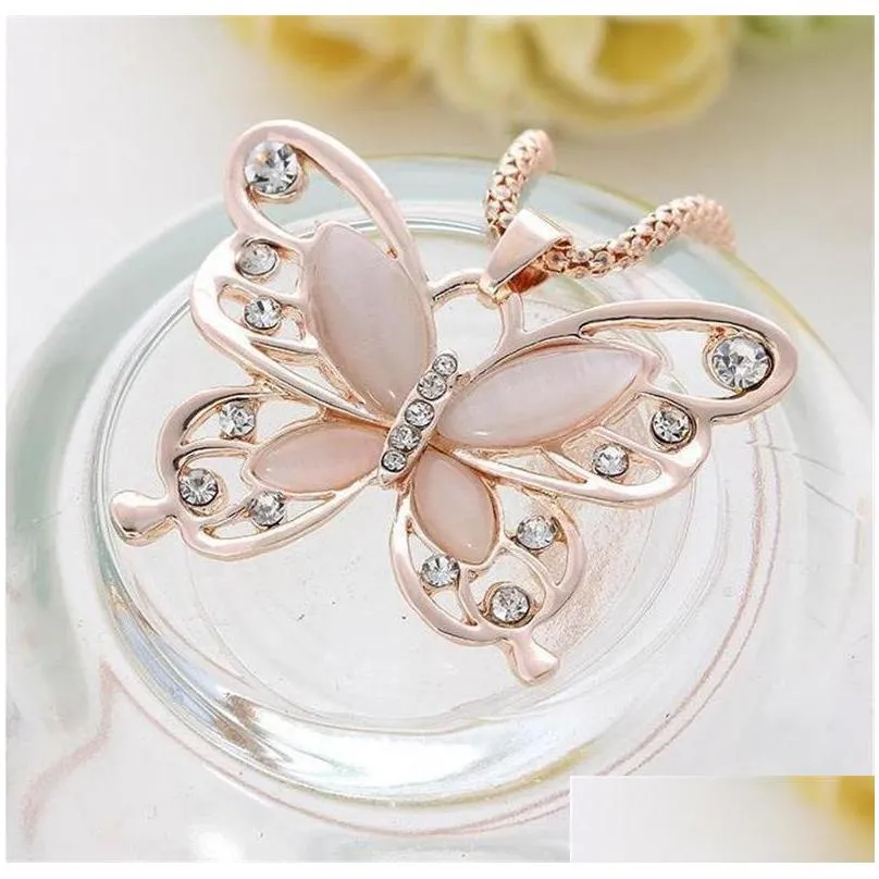 crystal butterfly pendant necklace 18k rose gold plated sweater necklace opal stone hallow long chain charms animal fashion korea